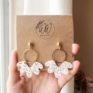 Handmade clay hoop earrings - gold flower patterned hoops